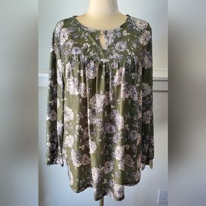 NWT TFSDOD Size XXL Olive Green Floral Long Sleeve Blouse
